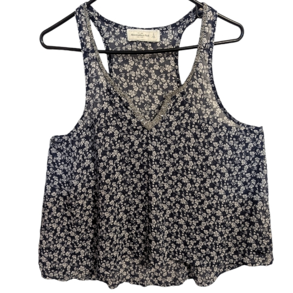 Abercrombie & Fitch Sleeveless Top Small dark blue floral beaded neck w-522